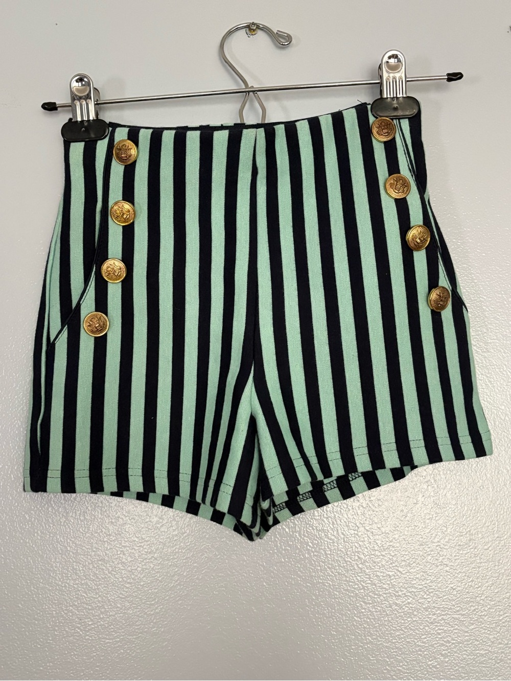 Forever 21 Mint & Black Striped High-Waist Shorts with Gold Buttons